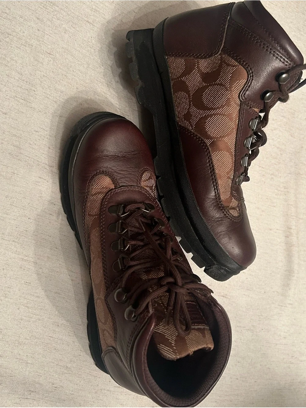 COACH Brown Leather & Fabric Hiking Boots-Very Good Used Condition